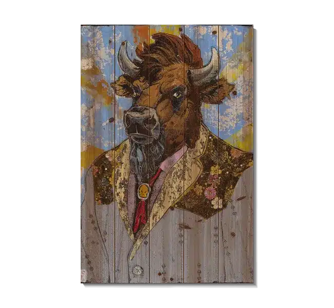 Portrait of bison wearing floral jacket
