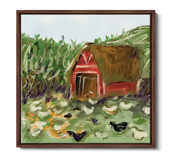 Red barn surrounded by chickens