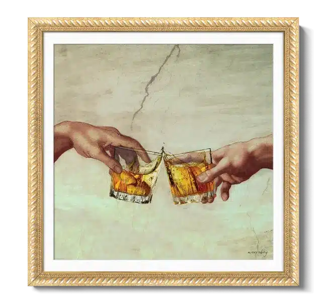 Two hands holding glasses of whiskey in a cheers