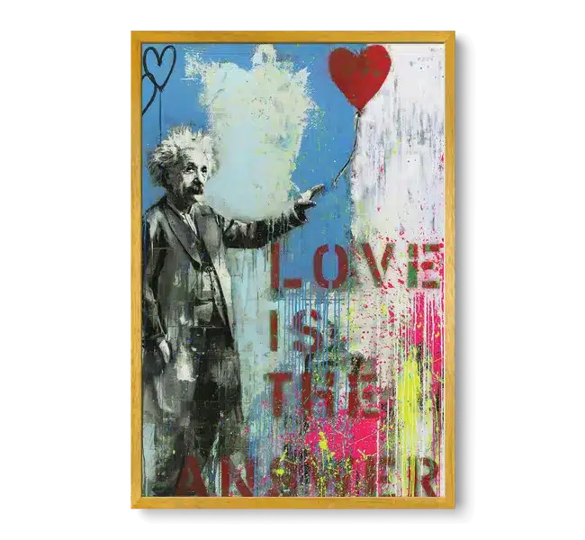 Graffiti of elderly man holding a red heart balloon