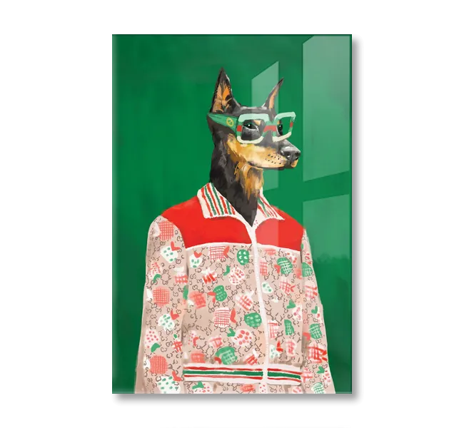 Doberman dog wearing a Gucci patterned jacket and sunglasses