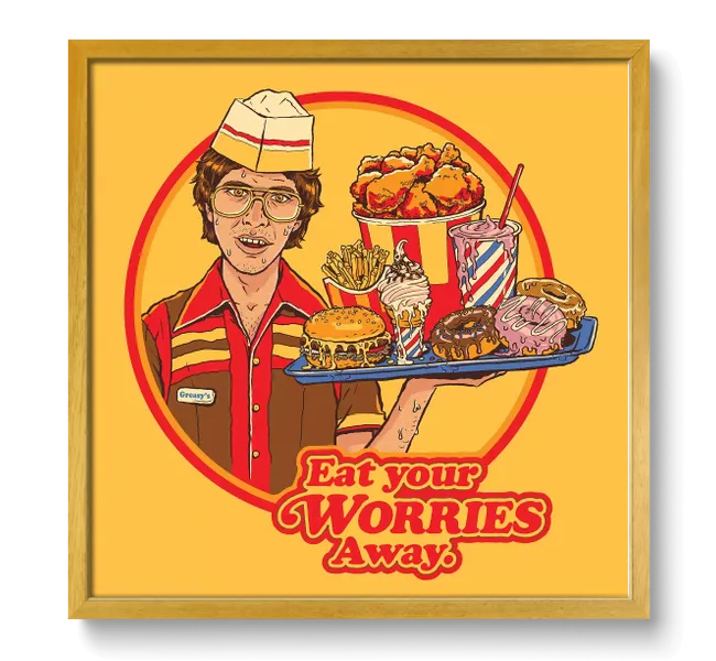 Man in glasses and fast food uniform holding a tray of burgers, fries, fried chicken, donuts, and ice cream with the words “eat your worries away”