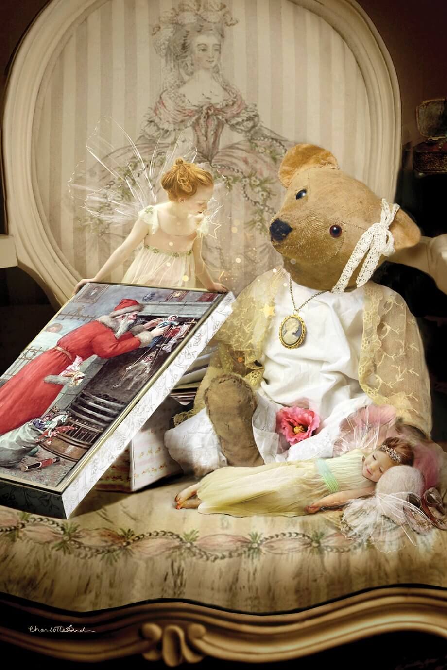 christmas book and teddy bear art