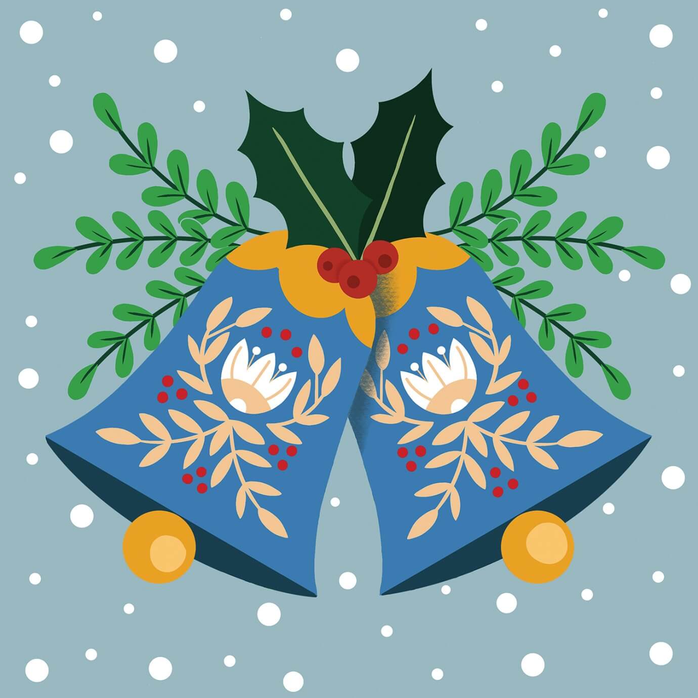 blue christmas bells with snowy background