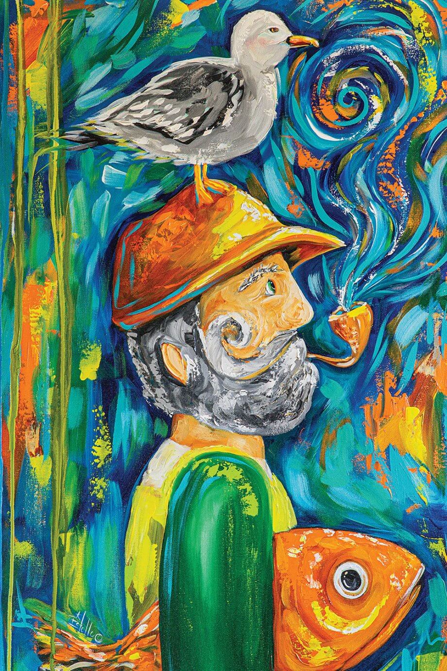 fisherman with bird on head