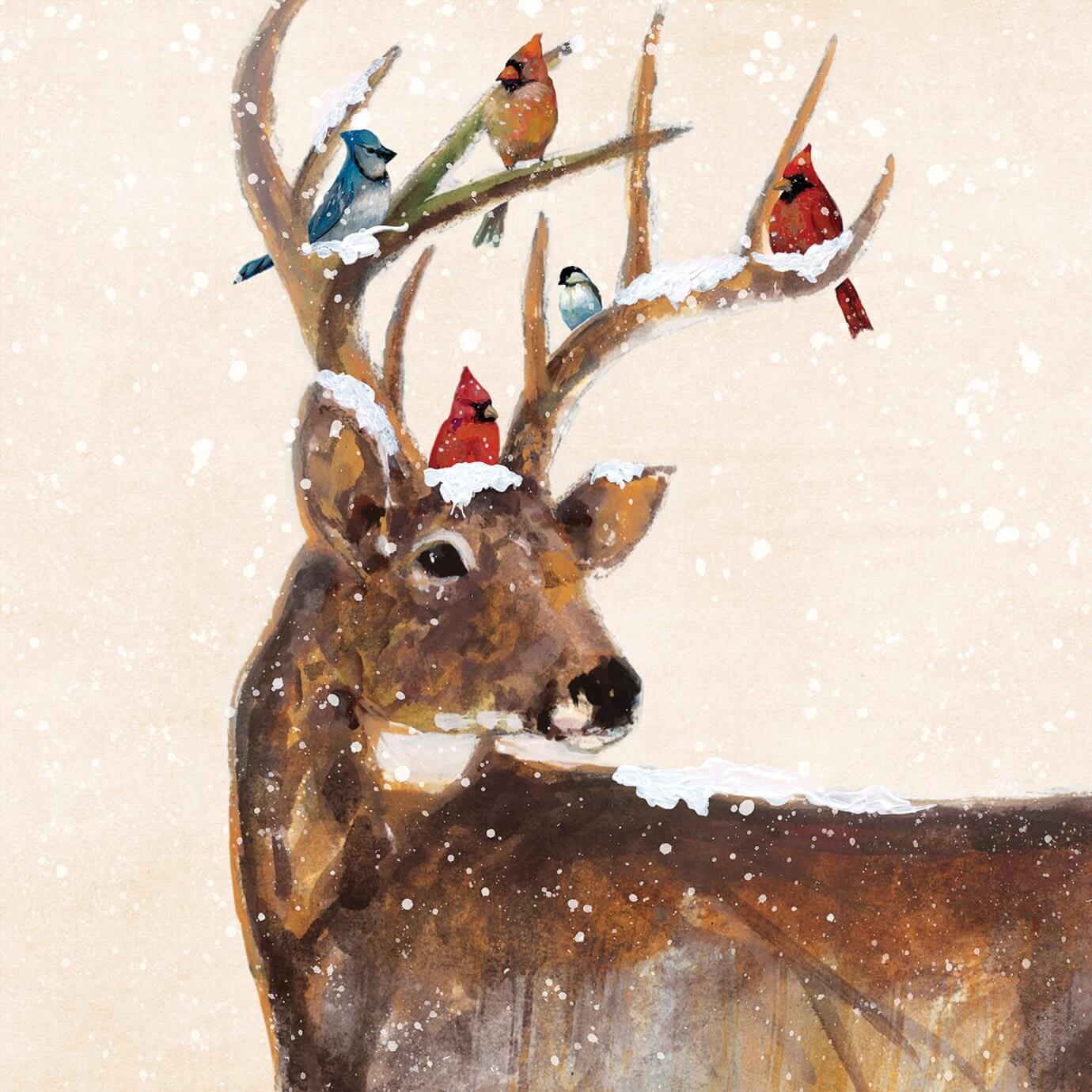reindeer with birds and snow falling