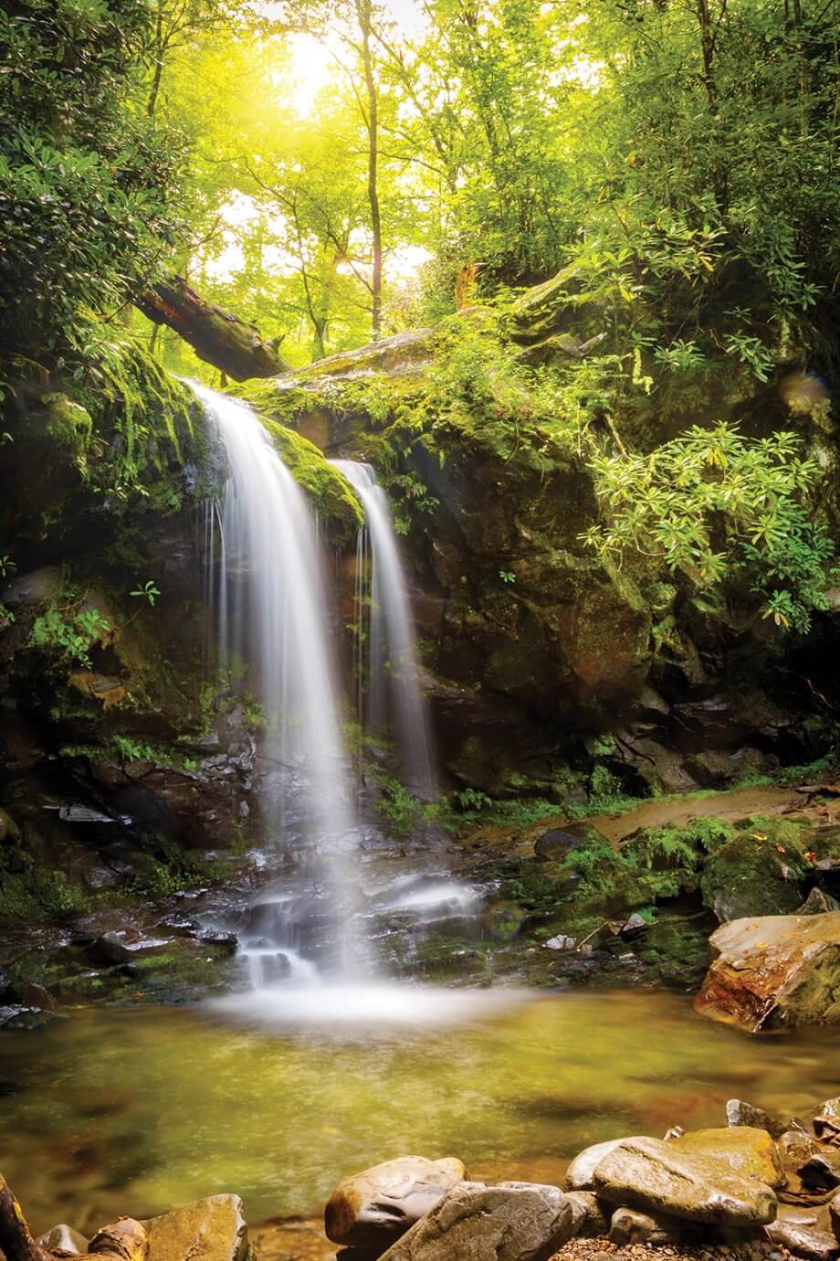 Long exposure of Grotto Falls along the Roaring Fork nature trail in the Great Smoky Mountains National Park in Tennessee, USA