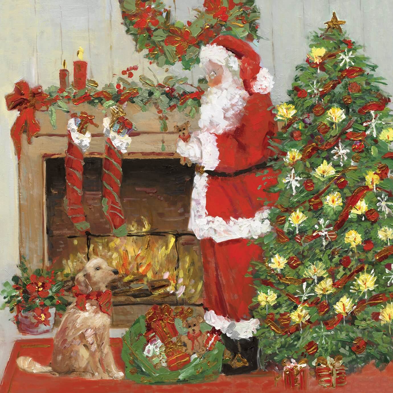 santa in chrismtas living room with golden retriever dog