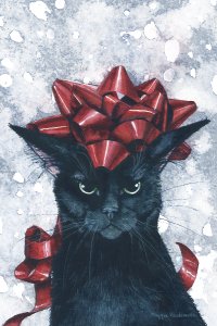 black cat with red christmas gift ribbon on its head against a watercolor background