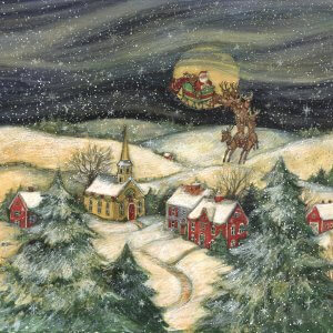 santa with reindeer flying over houses in the snow