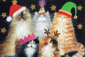 five cats wearing christmas hats and other celebratory hats against a gold star background
