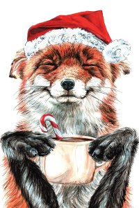 portrait of fox with santa hat holding a mug with a candy cane sticking out