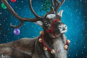 reindeer wearing a bell collar with colorful ornaments on its antlers