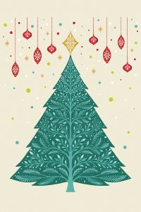 patterned christmas tree underneath hanging patterned shapes