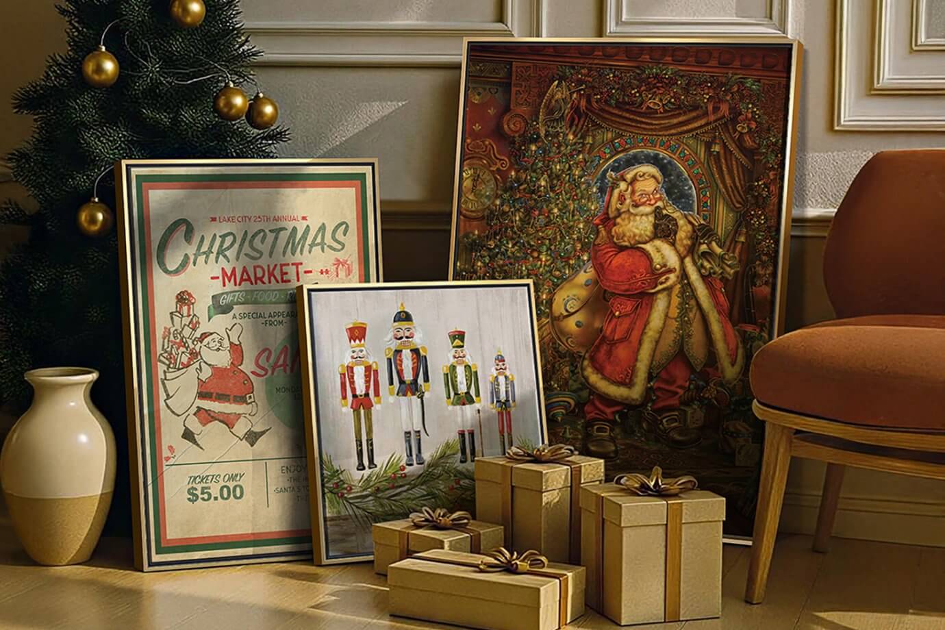 classic christmas art in holiday living room
