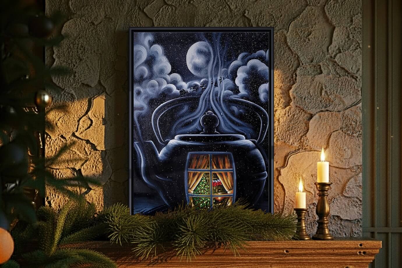 christmas tree inside of a large black teapot underneath the moon