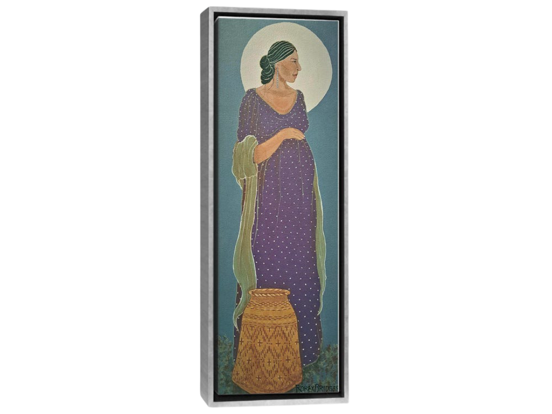 native american woman in purple dress with pottery