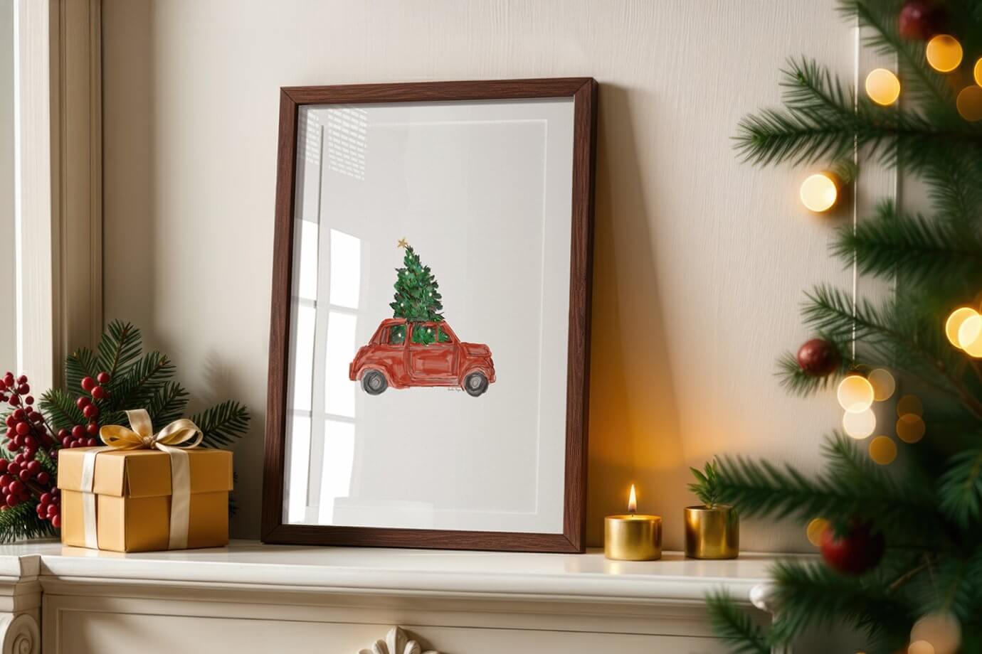 minimalist red truck with christmas tree art