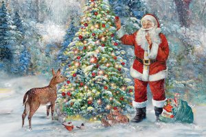 santa claus decorating a christmas tree in the snow surrounded by deer