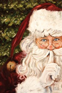 santa holding finger up to mouth whispering in front of christmas tree