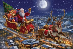 santa on sleigh with reindeer flying above houses under starry sky