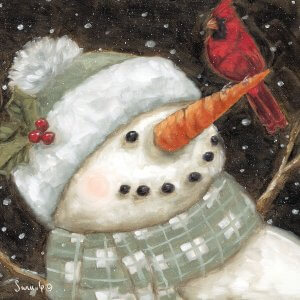 snowman wearing hat and scarf with cardinal sitting on his carrot nose