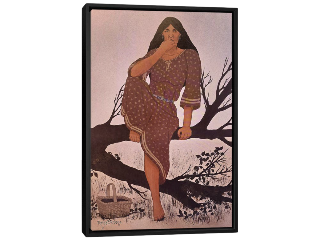 native american woman sitting on a tree brand