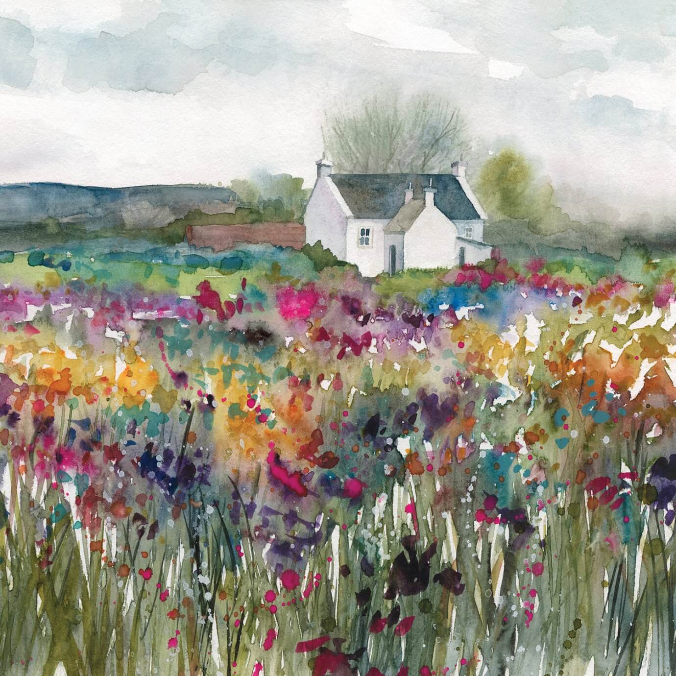 cottage house amongst colorful wildflowers