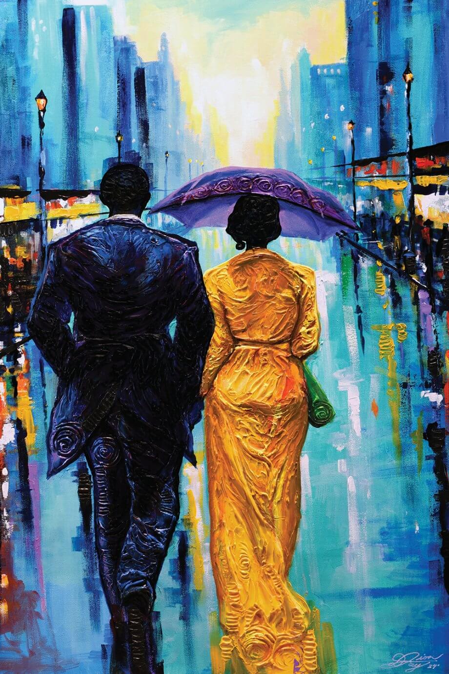 man and woman walking through city with umbrella