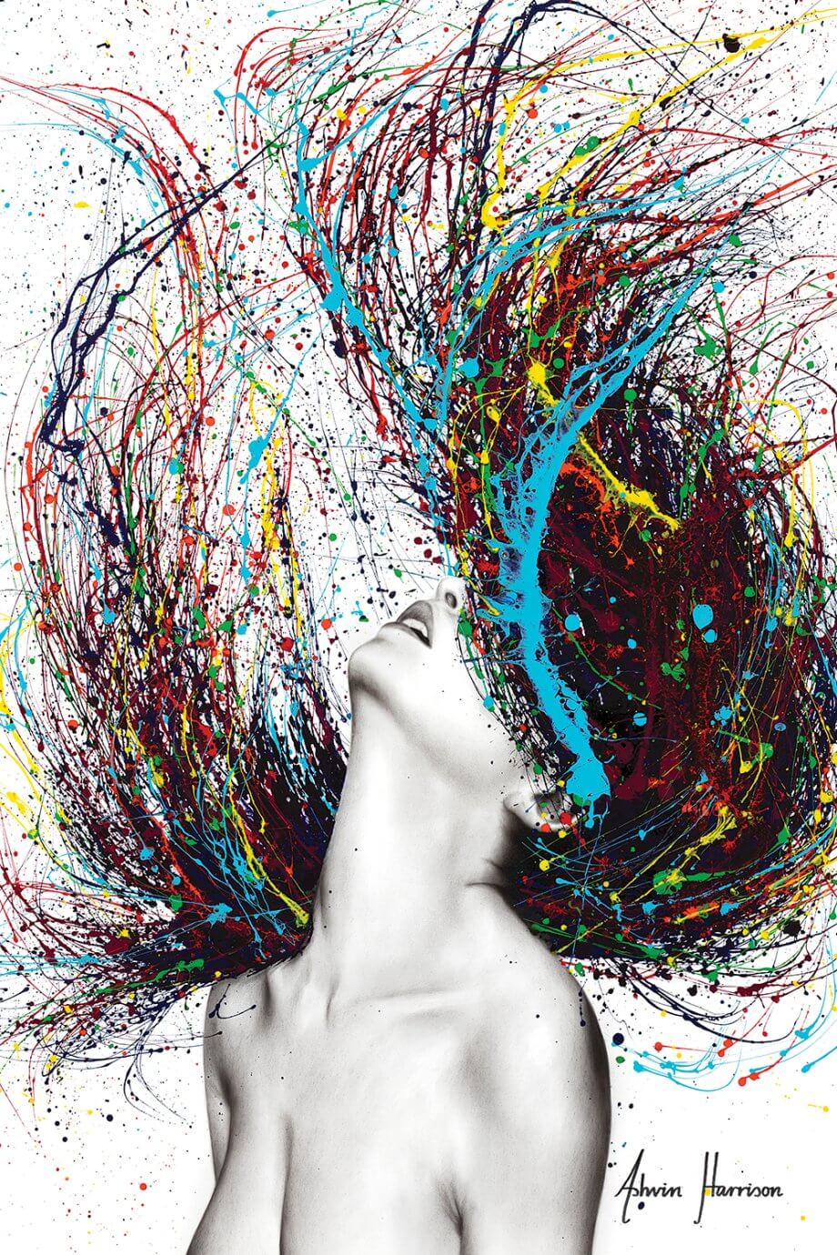 woman flipping her hair with colorful splashes