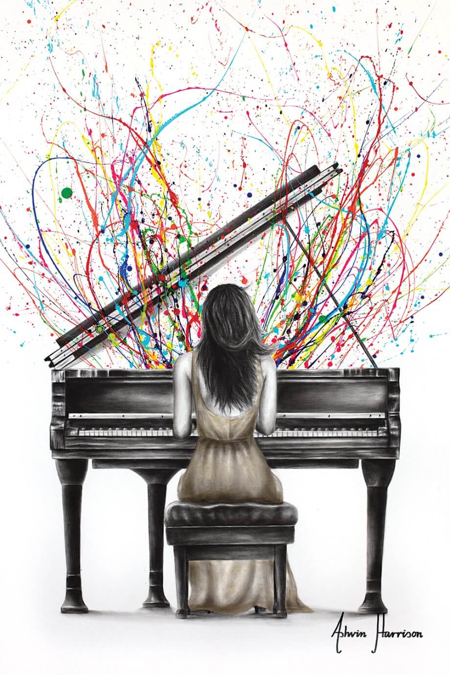 colorful splashes coming out of piano