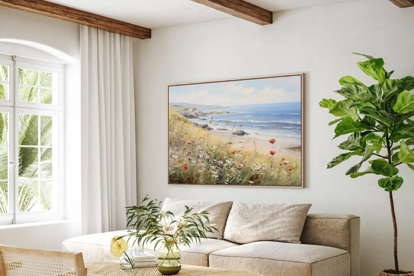 oversize beach art above couch