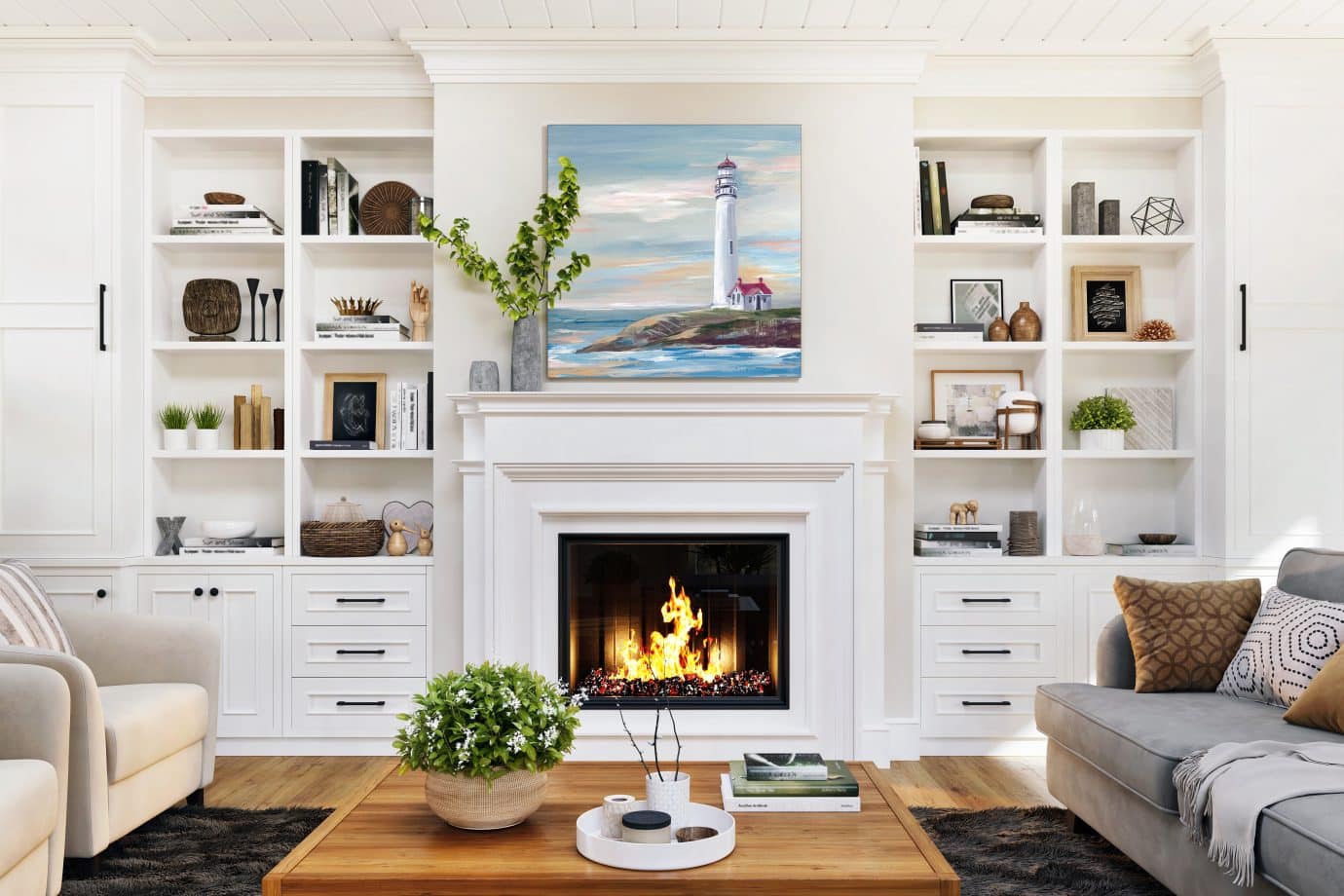 landscape art above fireplace