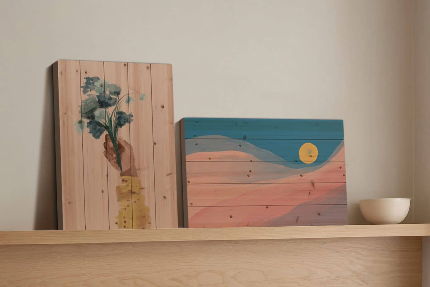 wood art prints on shelf