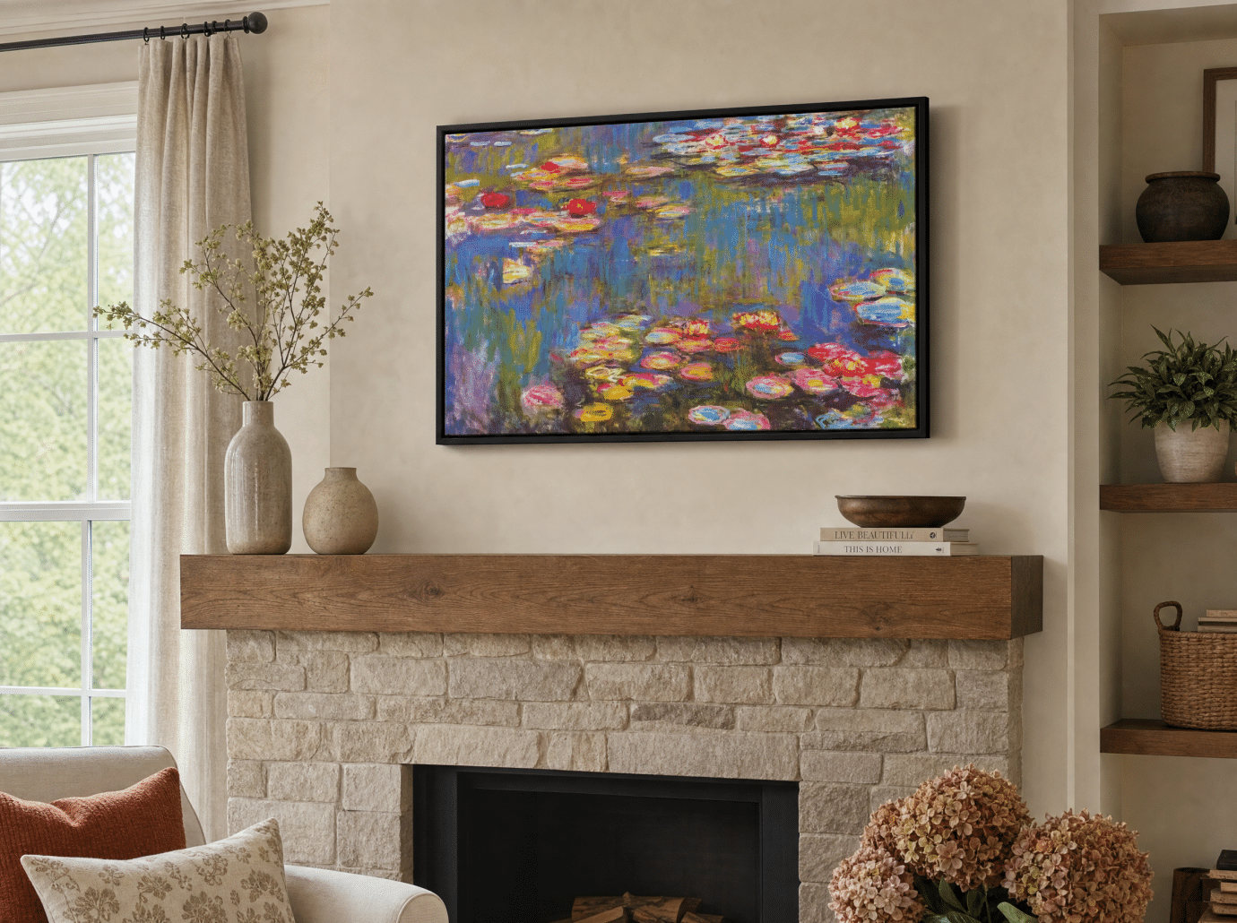 claude monet's waterlilies above fireplace