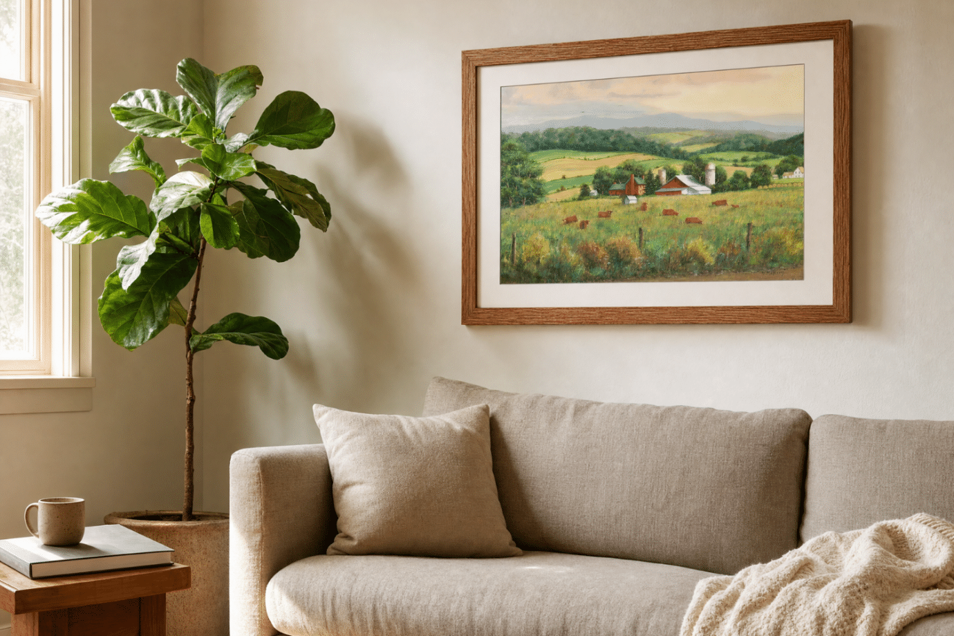 framed paper art above couch