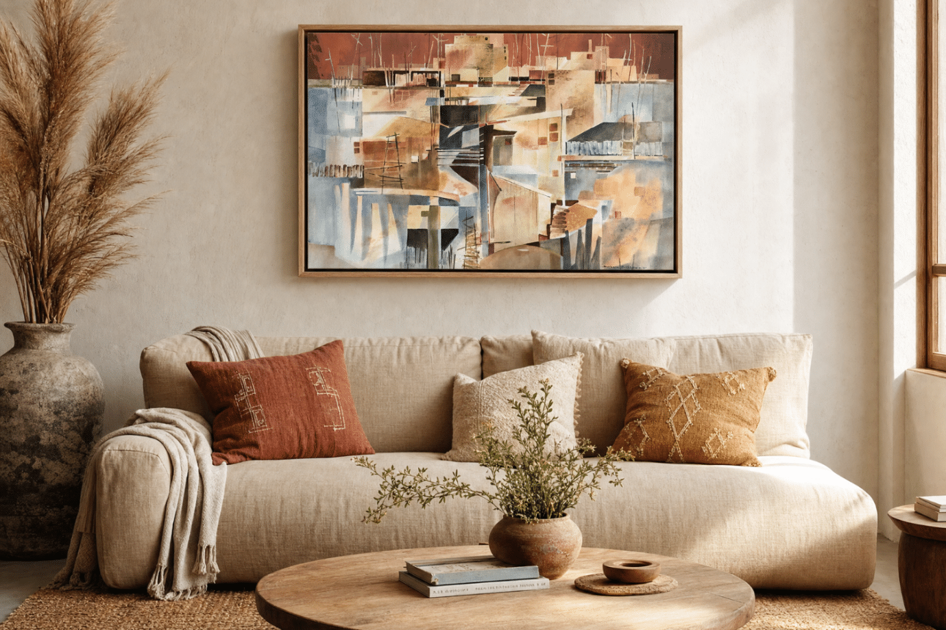 abstract artwork above couch