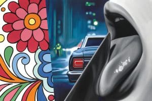 split screen with colorful flowers, a car, and an open mouth