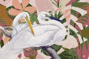 two cranes sitting on a brand with a colorful background of flowers and leaves