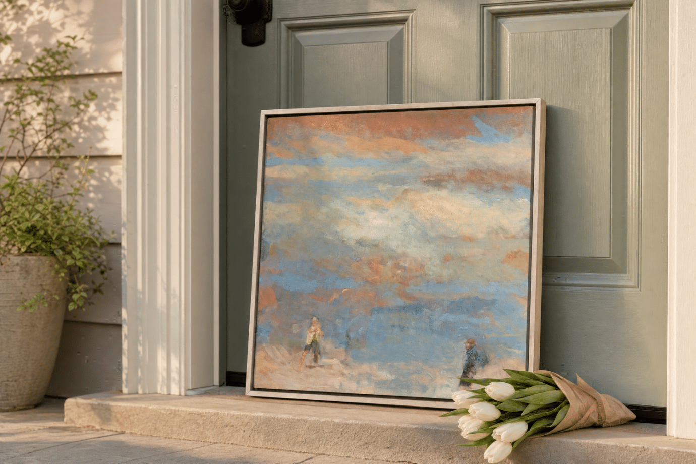 housewarming gift - framed abstract artwork against a front door
