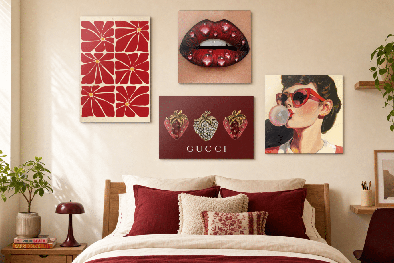 gallery wall of fashion artwork in dorm room