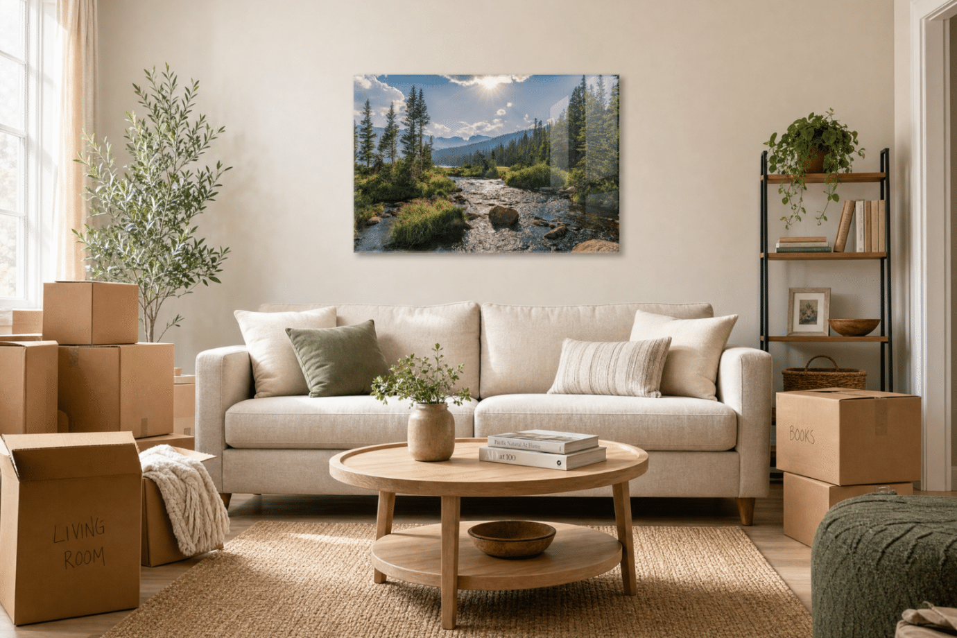 nature photography artwork above couch