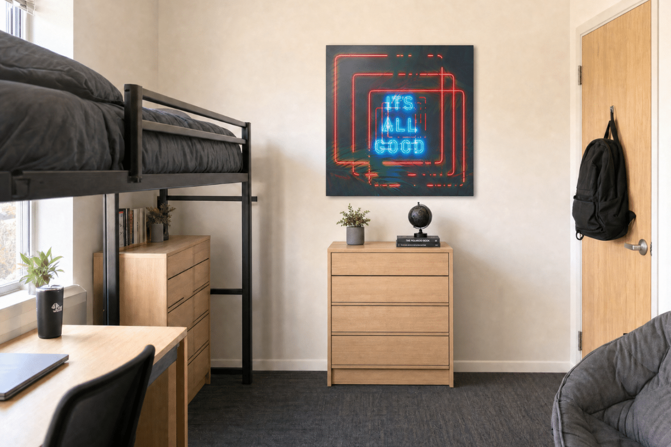 neon typography artwork in dorm room