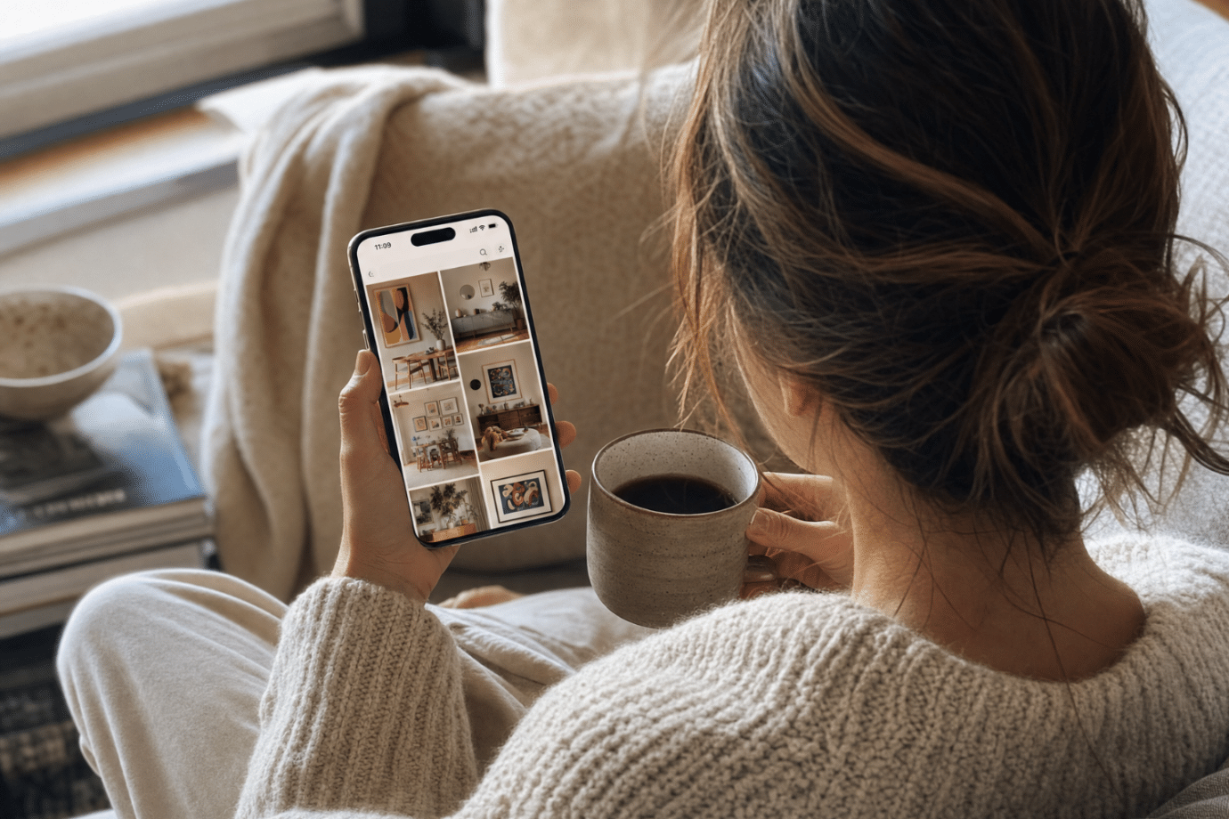woman scrolling through home decor on social media