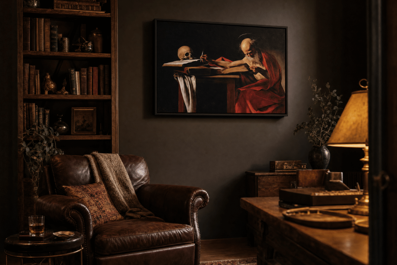 caravaggio artwork hanging in dark dramatic office room