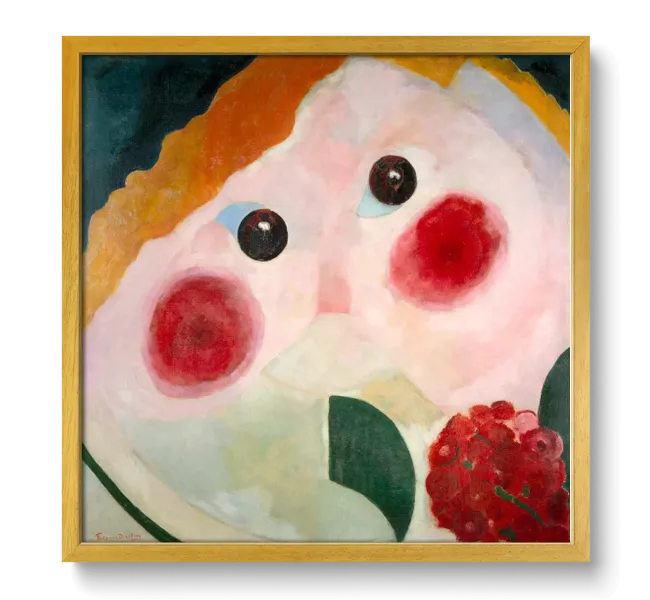 close up of a face with red cheeks and a raspberry