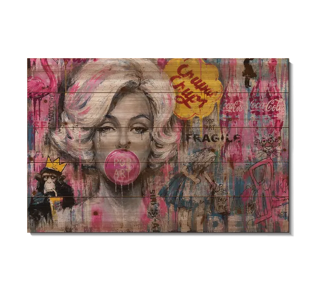 woman with blonde hair blowing bubble gum bubble against graffiti background