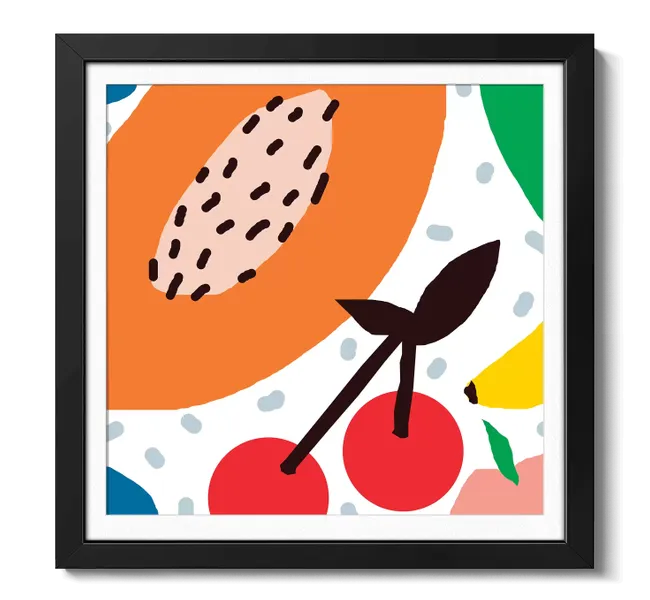 papaya and cherries against polka dot background