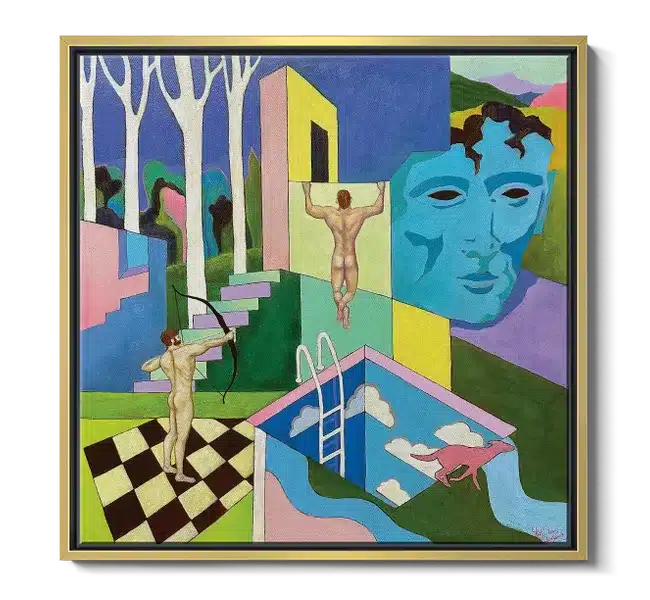 array of overlapped pastel scenes with pool, clouds, men, and patterns