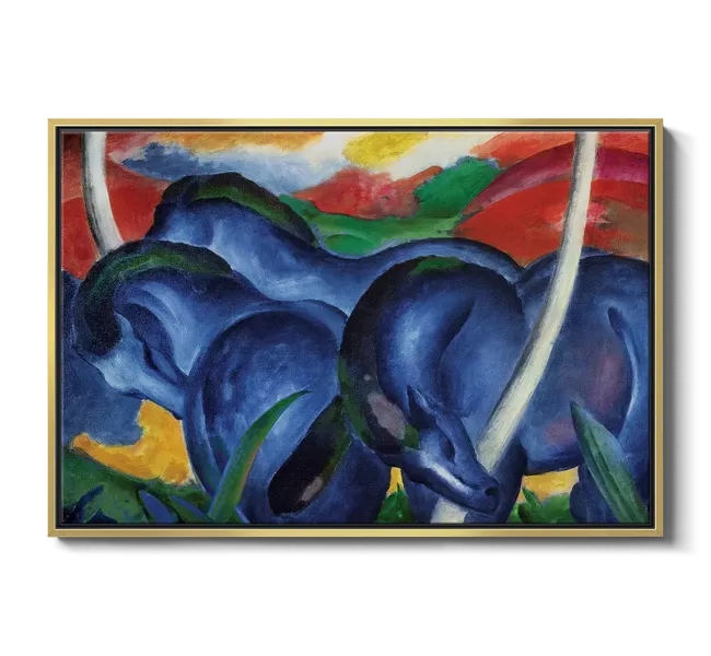 blue horses in colorful field